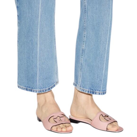 Gucci Interlocking G Cutout Leather Slide Flat Sandal Pink Size 37.5 - Picture 2 of 11